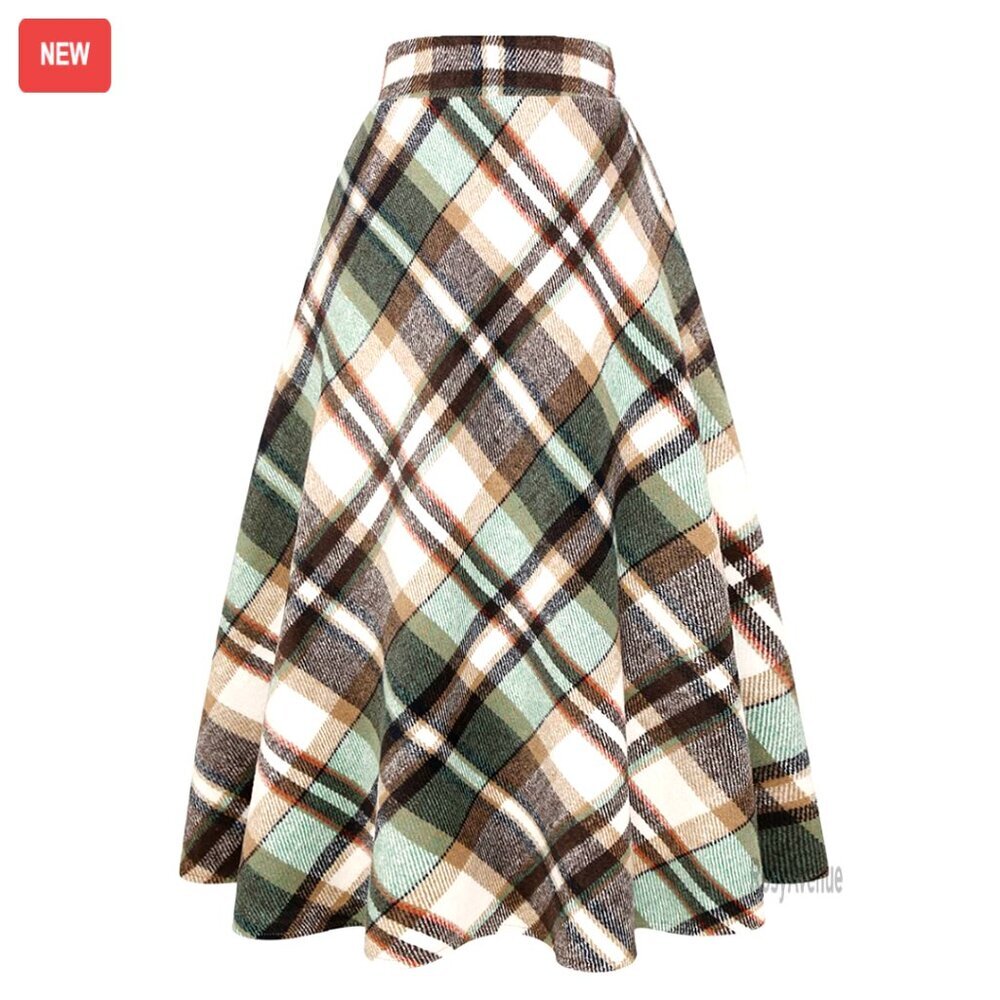 Wool Plaid Maxi Skirt Elastic Waist A-Line Pleated Tartan Long Skirt